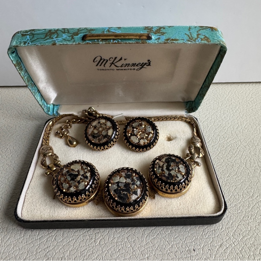 RARE Vintage 1950s Confetti Black & Gold Necklace Earrings Set